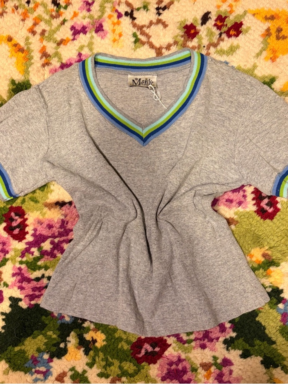 Early 80’s M-Fasis Grey V-Neck baby tee with Blue & Green Stripe Trim